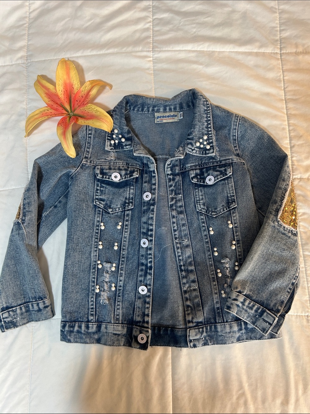 Girls' Blue Denim Jacket with Pearl & Sequin Accents